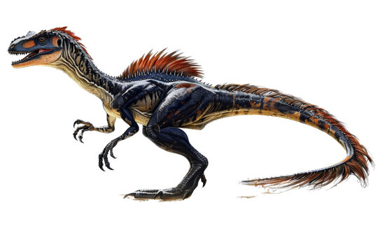 Detailed illustration of Austroraptor, isolated on a white background, highlighting its feathered appearance, sharp claws, and agile build