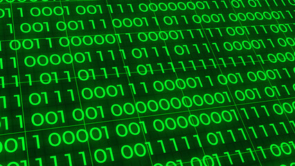 Foreground background green binary code. Digits of 0 and 1 switch to binary data loop. Concept: Technology, data, cybersecurity, binary code.