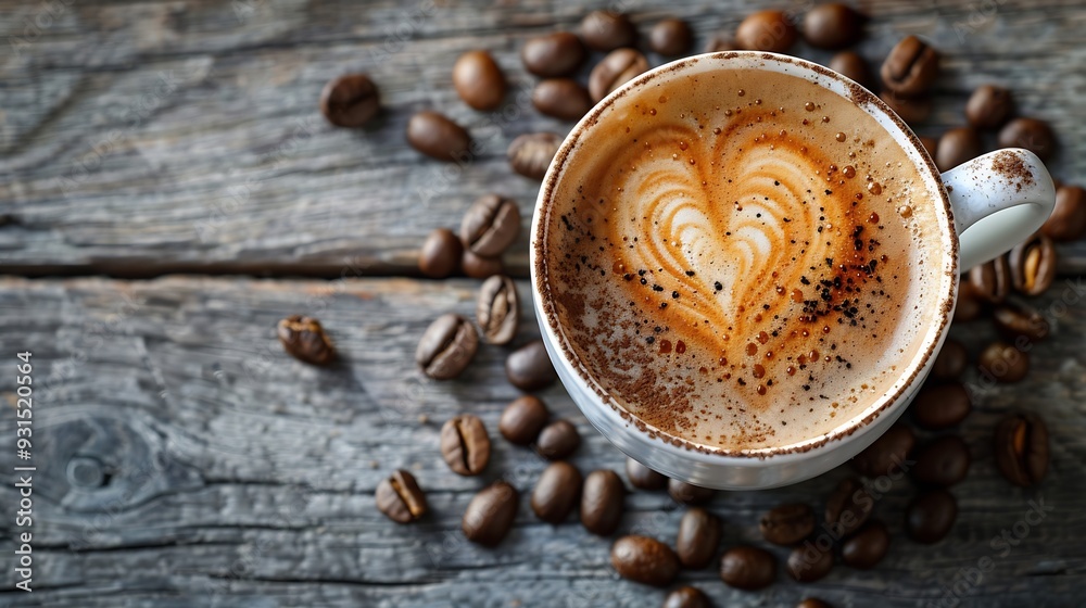 Poster cup of coffee latte with heart shape and coffee beans on old wooden background : generative ai