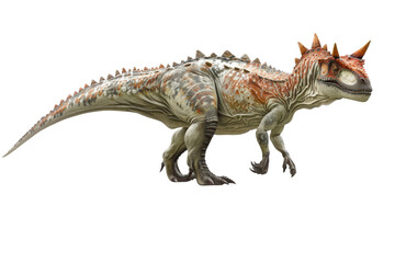 Fototapeta premium Detailed illustration of Carnotaurus, isolated on a white background, highlighting its unique features like the horns and bumpy skin texture