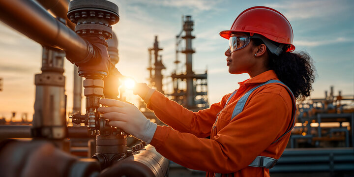 Professional young female engineer working at a modern oil refinery