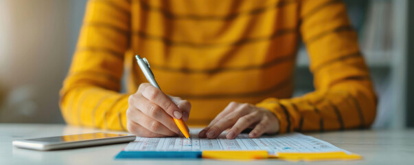 Fototapeta premium Colorful stripes on a sweater, focused hands writing on forms, stationery and a smartphone nearby, capturing a moment of organization and productivity in a workspace.