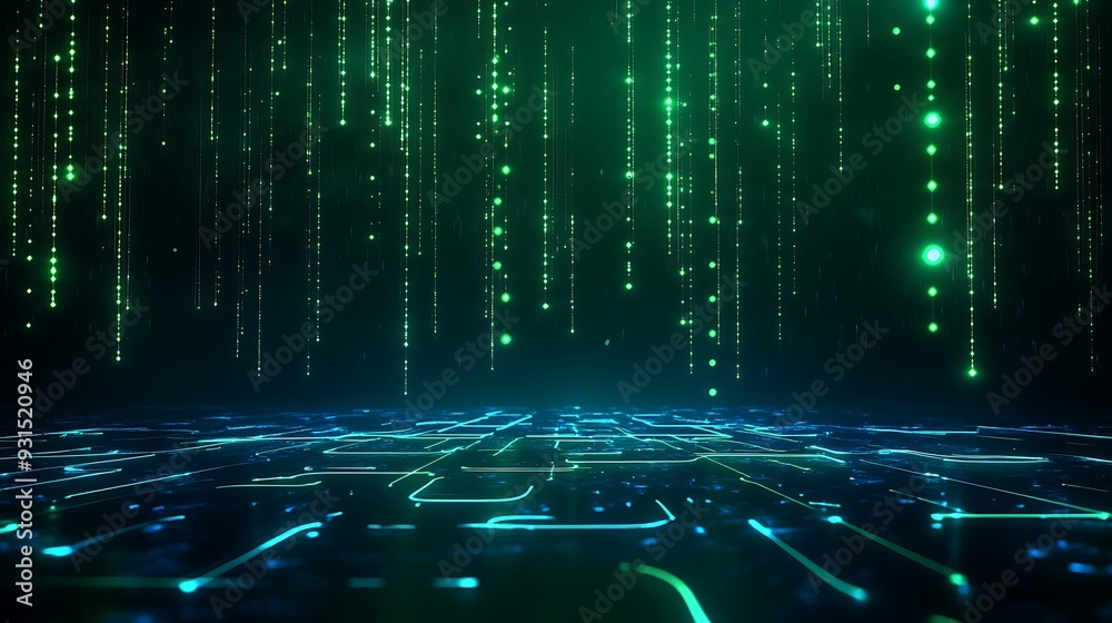 Wall mural futuristic digital matrix with green glowing light and abstract codes descending. concept of virtual