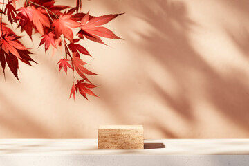 Autumn background scene with red maple leaves and wooden podium stand.