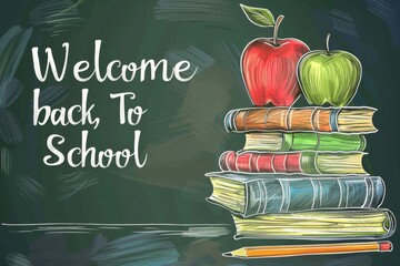 Doodle on black chalkboard background, welcome back to school web banner.