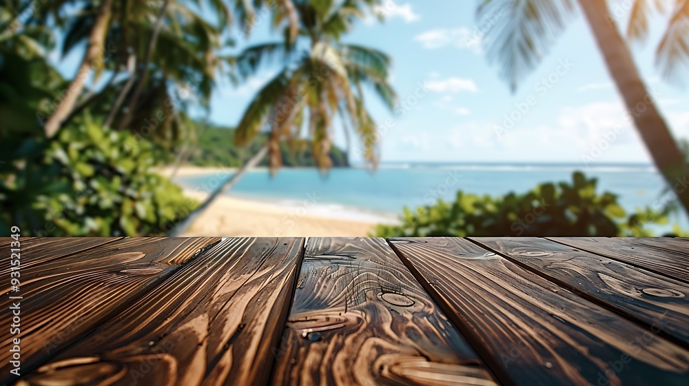 Aufkleber Empty wooden table with blurred beach with coconut trees in the background : Generative AI