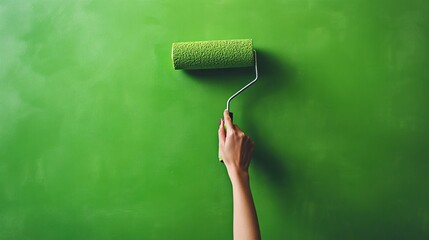 photo of a hand painting a wall with green color using a roll
