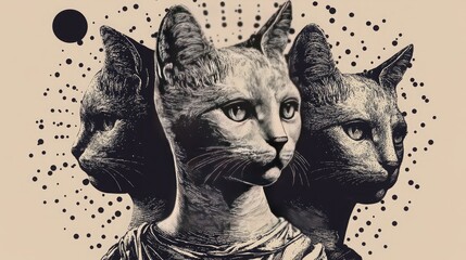 A graphic of a cat's head surrounded by an abstract design of black dots on a light beige background.