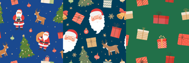 Set of Merry Christmas seamless pattern with Santa Claus, Xmas tree, giftboxes, deer. Happy New Year background. Vector illustration.