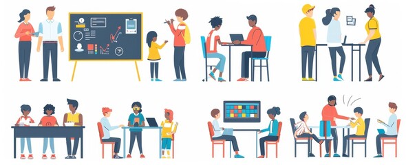 A set of school teachers standing at chalkboards and whiteboards in a classroom. Lecturers teaching in class. Professors at chalkboards. Colored flat modern illustration isolated on white.