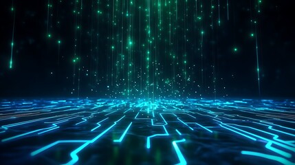Futuristic digital technology background with neon lights and circuit board patterns highlighting modern innovation and connectivity.