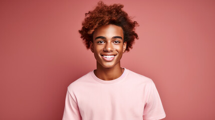 Fototapeta premium Cheerful smiling African American red-haired teenager guy with long red-haired hair and perfect skin, pink background.