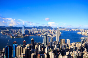 Fototapeta premium Panoramic View of Hong Kong Skyline and Victoria Harbour from Above