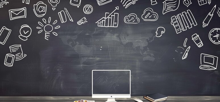 School supplies illustrated on a background. Illustration for banners, flyers or posters. Distance learning.