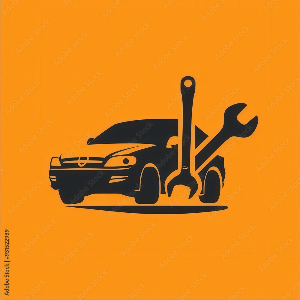Poster a logo designed for automotive repair services, featuring a car alongside wrenches on an orange back