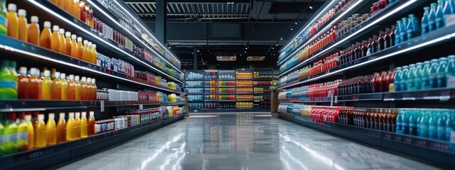Aisle of colorful beverages in a modern supermarket