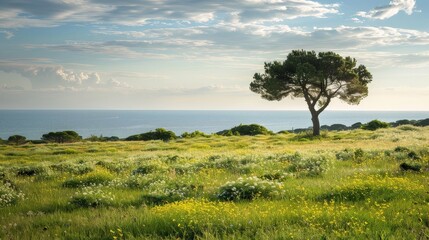 Obraz premium Lone cypress tree in a Mediterranean field, sea in the distance