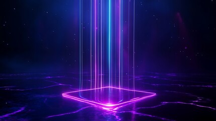 Futuristic glowing neon lines and shapes on a dark abstract background, representing technology and digital advancement.