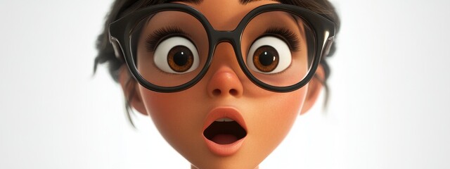 3D Cartoon of a Young Woman with Thick Glasses and a Surprised Expression on White Background