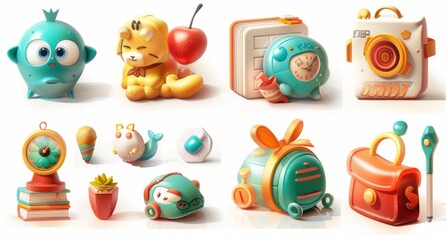 An icon set for back-to-school, education, and online learning banners. Includes schoolbag, notebook, writing accessories, globe, bookshelf, clock, and graduation cap.