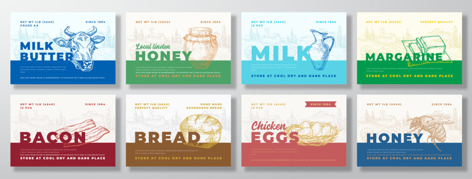 Breakfast Food Label Templates Set. Abstract Vector Packaging Design Layouts Collection. Modern Typography Banner with Hand Drawn Cow Milk, Honey, Eggs, Bacon and Rural Landscape Background Isolated