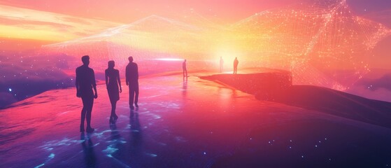Fototapeta premium A joyful reunion of friends in a digital landscape, with holographic bridges connecting them from different parts of the world, Unity, Warm lighting, Surreal style