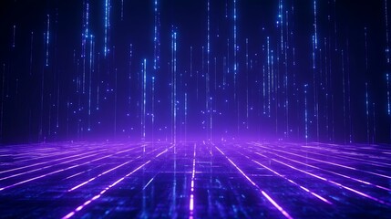 Futuristic neon digital landscape with glowing lines and falling data streams, creating a vibrant cyberpunk atmosphere.