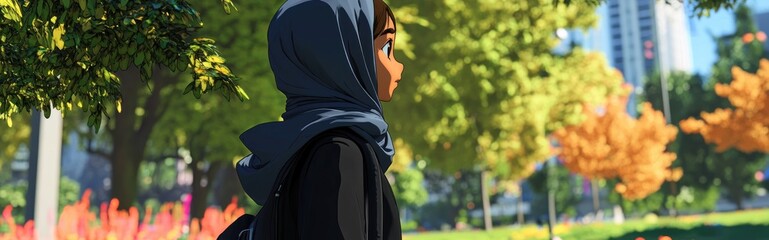 3D Cartoon of a Veiled Teen in a Park