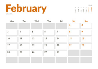 Monthly page Calendar Planner Template of February 2025 with a small preview on next moth. Vector layout of calendar with week start Monday for Scheduling. Page for size A4 or 21x29.7 cm