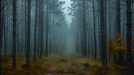 Obraz premium Misty forest with tall straight trees creating a mysterious and serene atmosphere : Generative AI