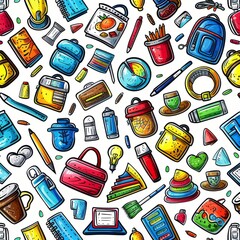 Various school supplies are displayed on a white seamless pattern.