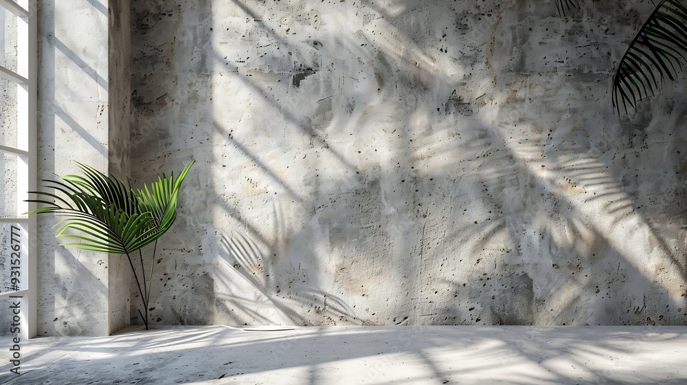 Poster natural texture stone background with palm shadow and sunlight summer tropical product placement pod