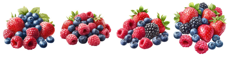 A vibrant assortment of fresh berries including raspberries, blueberries, and blackberries, perfect for healthy recipes and snacks. isolated on a transparent background