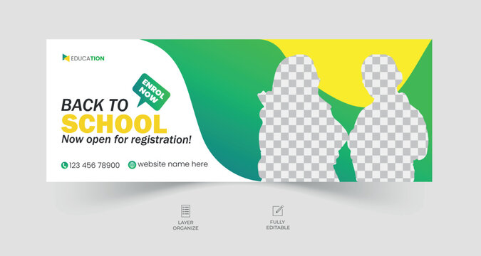 School admission facebook cover design, back-to-school social media banner, online education banner ads template.	