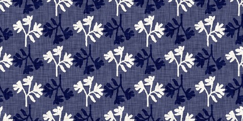Indigo denim blue leaf motif seamless border. Japanese dye batik fabric style effect print edging swatch. 