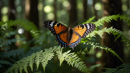 Naklejka premium A delicate butterfly resting on a sun-dappled fern in a dense forest. Background