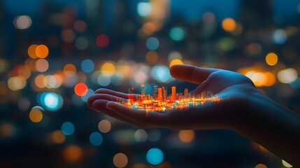 A colorful city in a hand, vibrant street lights and bustling activity, background of a blurred cityscape at night with shimmering lights, lively and caring mood