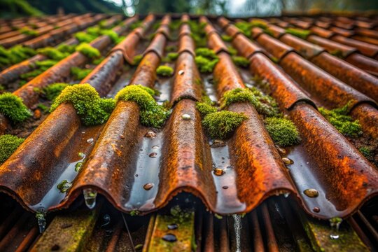 rusty corrugated metal roof close-up with moss growth and rain droplets on textured surface, warm natural light, earthy tones, and moody atmosphere - Powered by Adobe