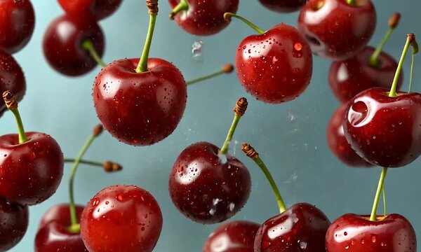 red cherries falling in water.