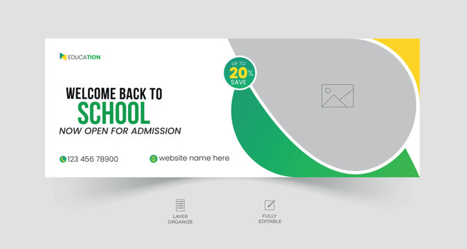 School admission facebook cover design, back-to-school social media banner, online education banner ads template.	