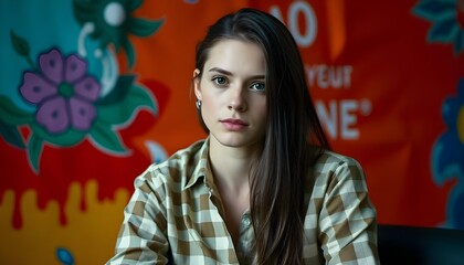 Candid image, photography, natural textures, highly realistic light, editorial, A young Caucasian woman with long dark hair wearing a button-up shirt, sitting against a vibrant background