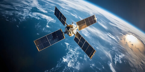 satellite in space orbiting around Earth transmitting signals that connect the globe.

