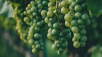 A close-up of green grapes hanging from a vine, ready to be picked