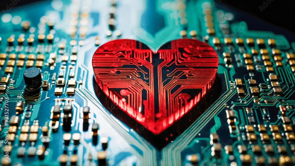 Poster a heart shape embedded in a computer chip, symbolizing the fusion of technology and emotion