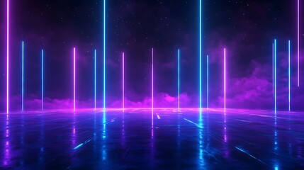 Fototapeta premium Futuristic neon light scene with glowing vertical lines in a dark atmosphere, perfect for modern tech, sci-fi, or nightclub themes.