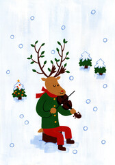 雪の日クリスマスにバイオリンを演奏するトナカイ
