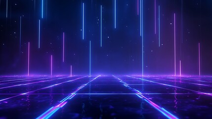 Obraz premium Futuristic neon lights, vibrant colors, and a grid pattern create a mesmerising cyberpunk digital background perfect for technology and science fiction themes.