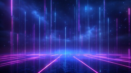Fototapeta premium Futuristic neon lights against a starry sky, representing a digital, cyber, or sci-fi environment with a vibrant and modern aesthetic.