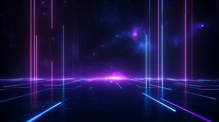 Obraz premium Futuristic neon lights and digital grid landscape with purple and blue hues, creating a vibrant sci-fi atmosphere and immersive virtual reality scene.