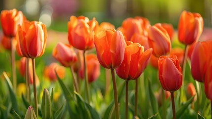 Fototapeta premium A close-up of orange tulips in full bloom, creating a vibrant spring scene